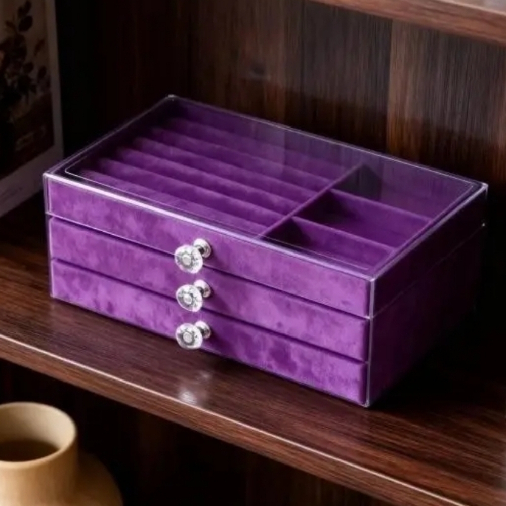 🆕️ ROYAL PURPLE VELVET JEWELRY ORGANIZER BOX - 3 DRAWER